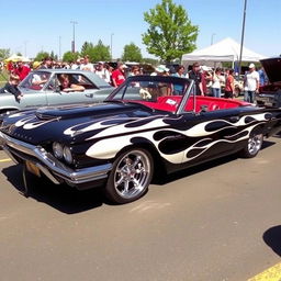 A stunning black 1965 Ford Thunderbird show car, featuring bold white flames painted down the sides