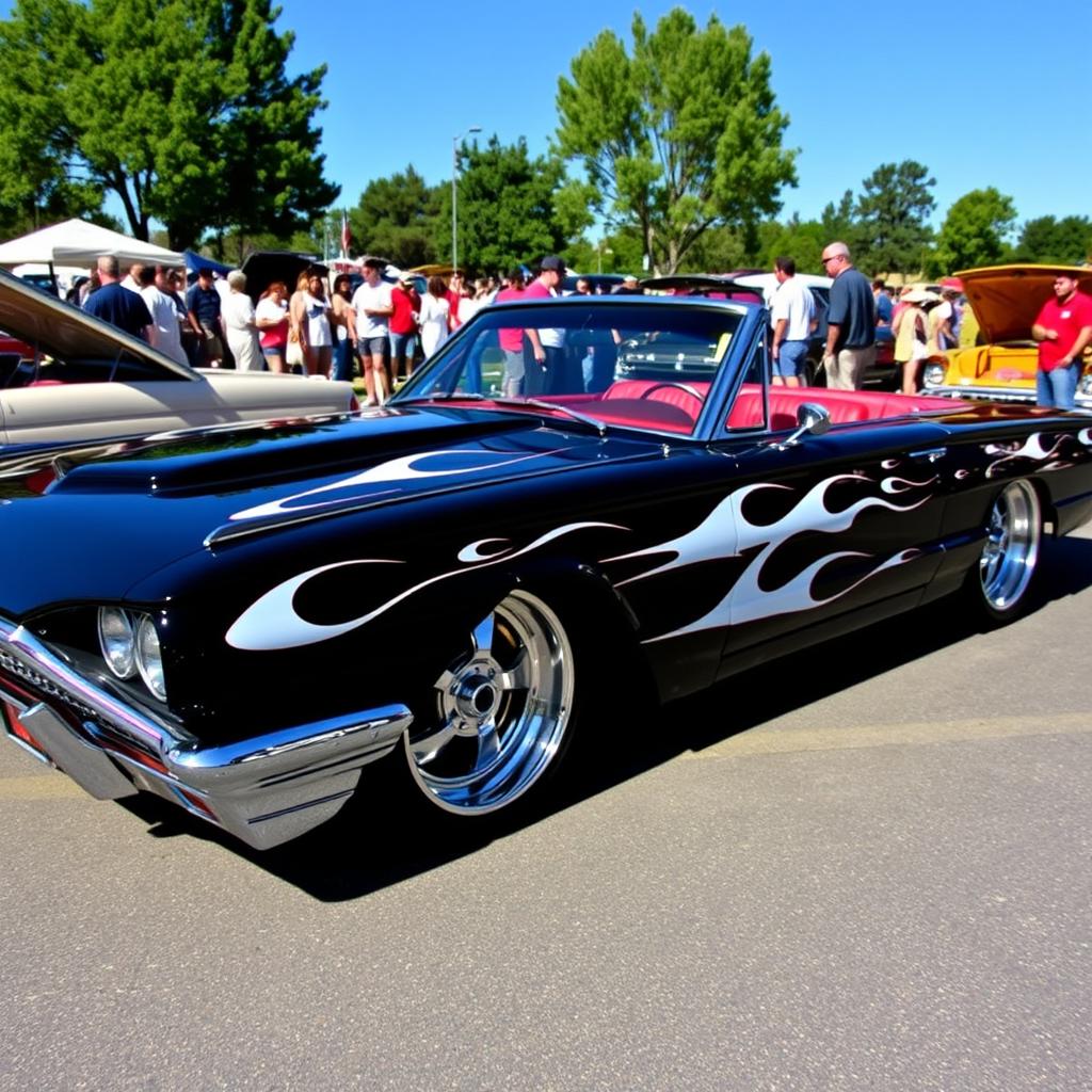 A stunning black 1965 Ford Thunderbird show car, featuring bold white flames painted down the sides