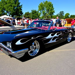 A stunning black 1965 Ford Thunderbird show car, featuring bold white flames painted down the sides