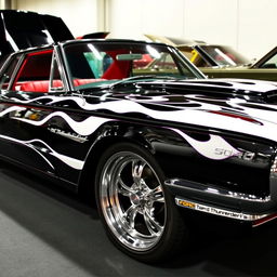 A stunning 1965 Ford Thunderbird show car painted in glossy black with vibrant white flames sweeping across its body