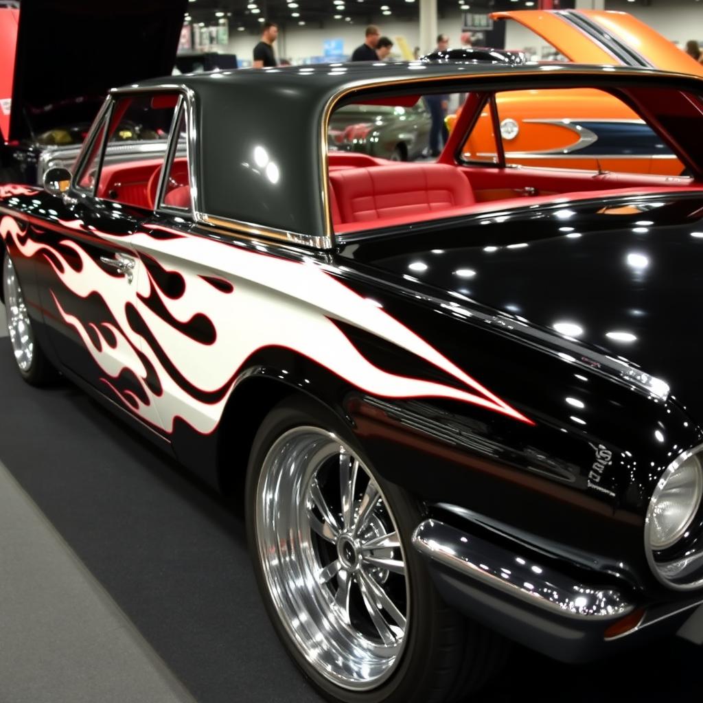 A stunning 1965 Ford Thunderbird show car painted in glossy black with vibrant white flames sweeping across its body