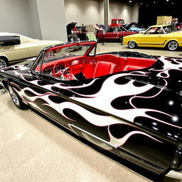 A stunning 1965 Ford Thunderbird show car painted in glossy black with vibrant white flames sweeping across its body