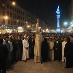 Tension arises in the city center as the statue worshippers express displeasure and anger towards the Muslim preacher's message, creating a dramatic scene under the city lights