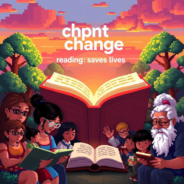 A vibrant pixel art scene depicting the theme "chapter of change: Reading saves lives"