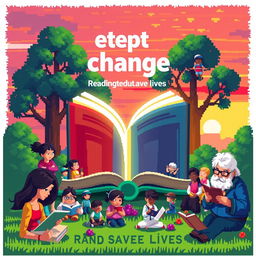 A vibrant pixel art scene depicting the theme "chapter of change: Reading saves lives"