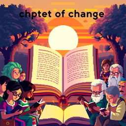 A vibrant pixel art scene depicting the theme "chapter of change: Reading saves lives"