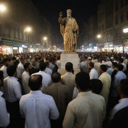 Tension arises in the city center as the statue worshippers express displeasure and anger towards the Muslim preacher's message, creating a dramatic scene under the city lights