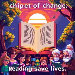 A vibrant pixel art scene depicting the theme "chapter of change: Reading saves lives"
