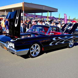 A stunning black 1965 Ford Thunderbird show car showcasing elegant white flames painted on the sides, featuring eye-catching big chrome wheels that shine brightly under the lights