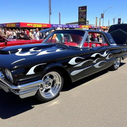 A stunning black 1965 Ford Thunderbird show car showcasing elegant white flames painted on the sides, featuring eye-catching big chrome wheels that shine brightly under the lights