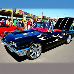 A stunning black 1965 Ford Thunderbird show car showcasing elegant white flames painted on the sides, featuring eye-catching big chrome wheels that shine brightly under the lights