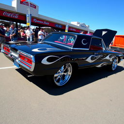 A stunning black 1965 Ford Thunderbird show car showcasing elegant white flames painted on the sides, featuring eye-catching big chrome wheels that shine brightly under the lights