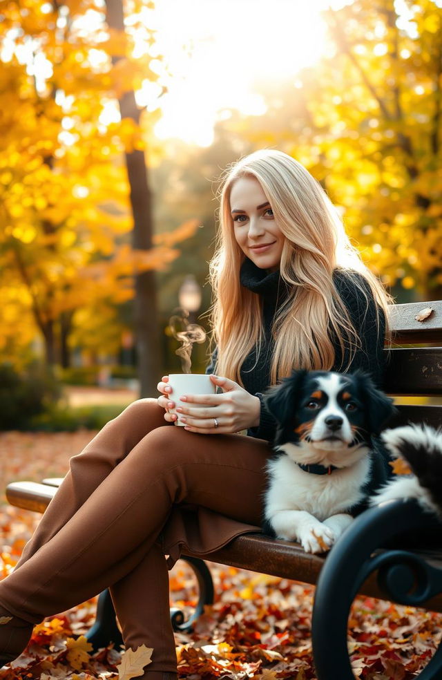 A beautiful blonde girl enjoying a cozy autumn setting, sitting on a park bench with a steaming cup of coffee in her hands