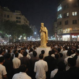 Tension arises in the city center as the statue worshippers express displeasure and anger towards the Muslim preacher's message, creating a dramatic scene under the city lights