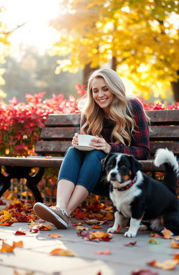 A beautiful blonde girl enjoying a cozy autumn setting, sitting on a park bench with a steaming cup of coffee in her hands