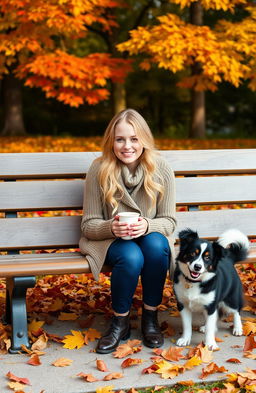 A beautiful blonde girl enjoying a cozy autumn setting, sitting on a park bench with a steaming cup of coffee in her hands