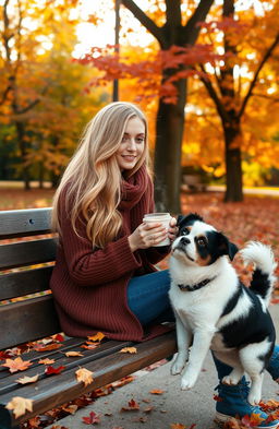 A beautiful blonde girl enjoying a cozy autumn setting, sitting on a park bench with a steaming cup of coffee in her hands