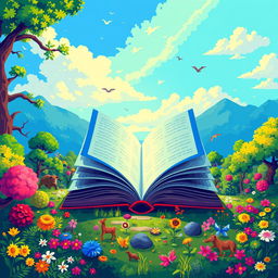 A vibrant pixel art scene representing the concept of transformation and enlightenment through reading