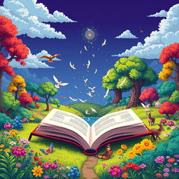 A vibrant pixel art scene representing the concept of transformation and enlightenment through reading