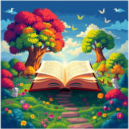 A vibrant pixel art scene representing the concept of transformation and enlightenment through reading
