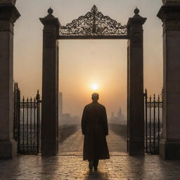 On the third day, the righteous man is exiled from the city, the city's large gates closing behind him, portraying a melancholic scene of an enlightened exile under the setting sun