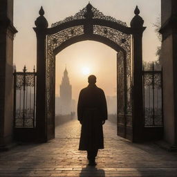 On the third day, the righteous man is exiled from the city, the city's large gates closing behind him, portraying a melancholic scene of an enlightened exile under the setting sun