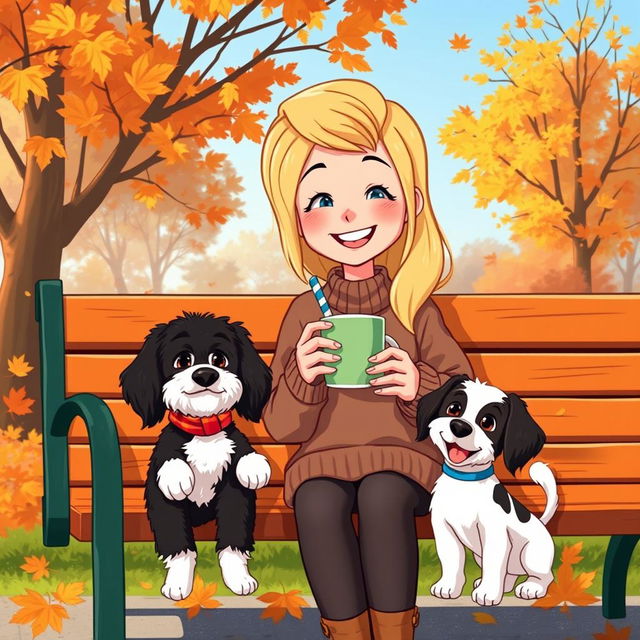 An animated scene featuring a cheerful blonde girl sitting on a park bench during autumn, holding a steaming cup of coffee