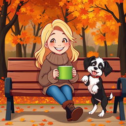 An animated scene featuring a cheerful blonde girl sitting on a park bench during autumn, holding a steaming cup of coffee