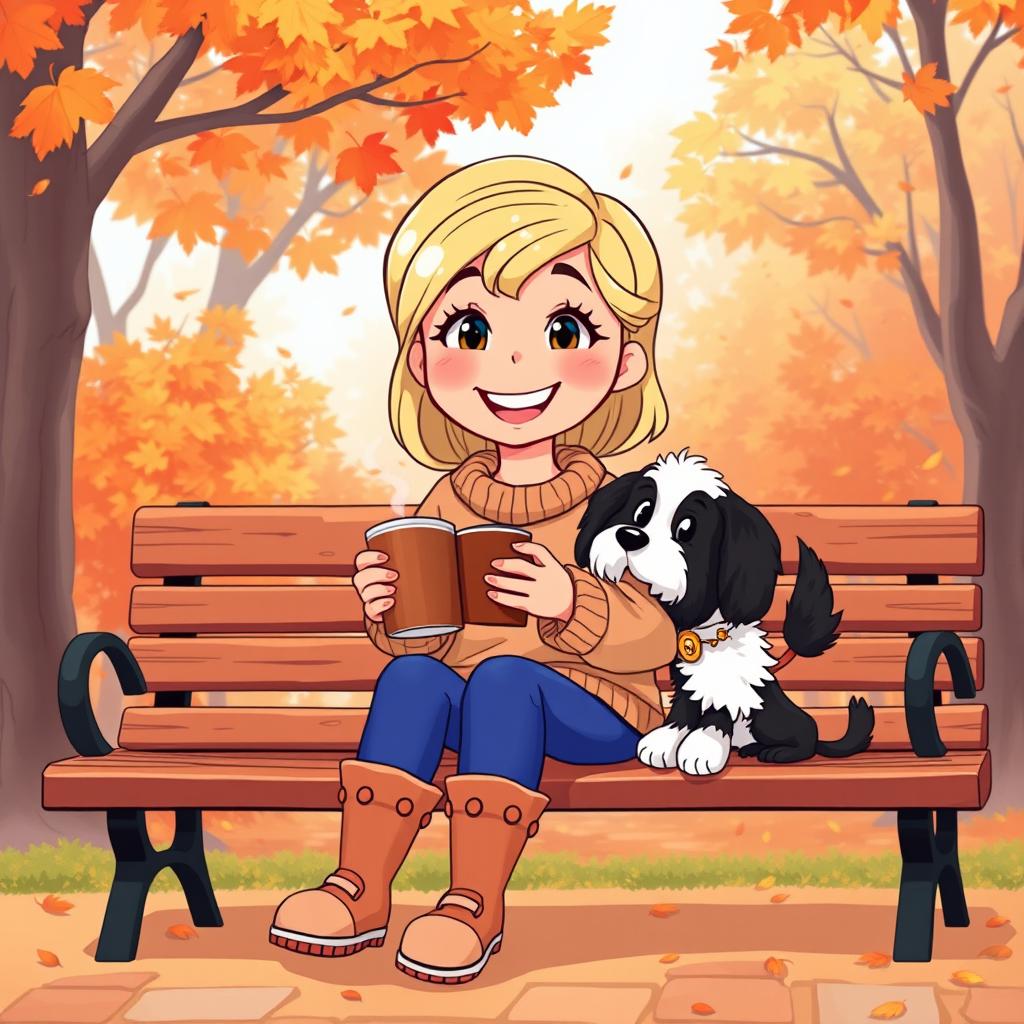 An animated scene featuring a cheerful blonde girl sitting on a park bench during autumn, holding a steaming cup of coffee