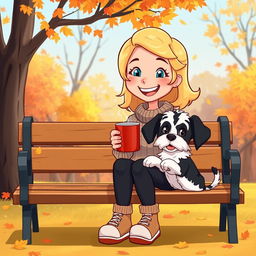 An animated scene featuring a cheerful blonde girl sitting on a park bench during autumn, holding a steaming cup of coffee