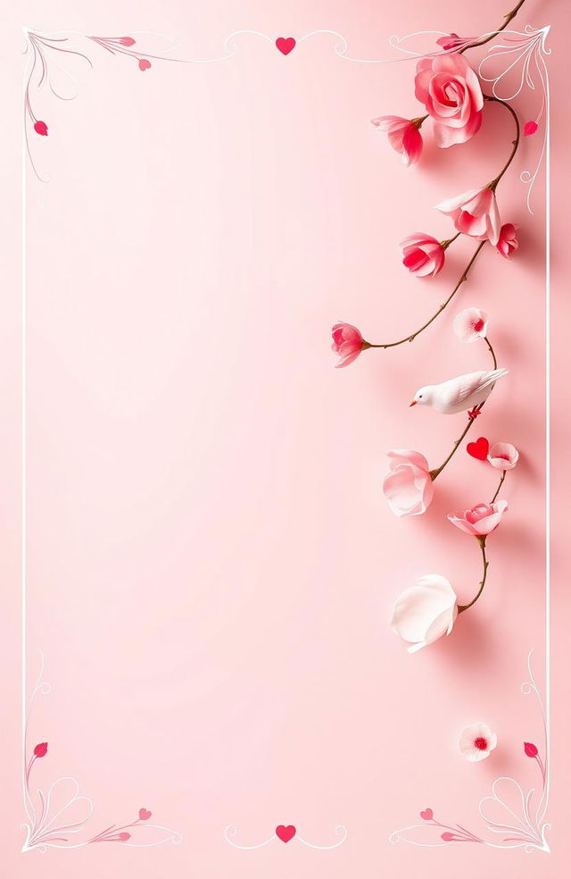 A captivating romantic poster featuring a soft color palette with gentle shades of pink, red, and white, creating a tender mood