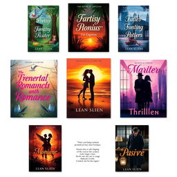 A collection of stunning book cover designs showcasing a variety of genres including fantasy, romance, and thriller