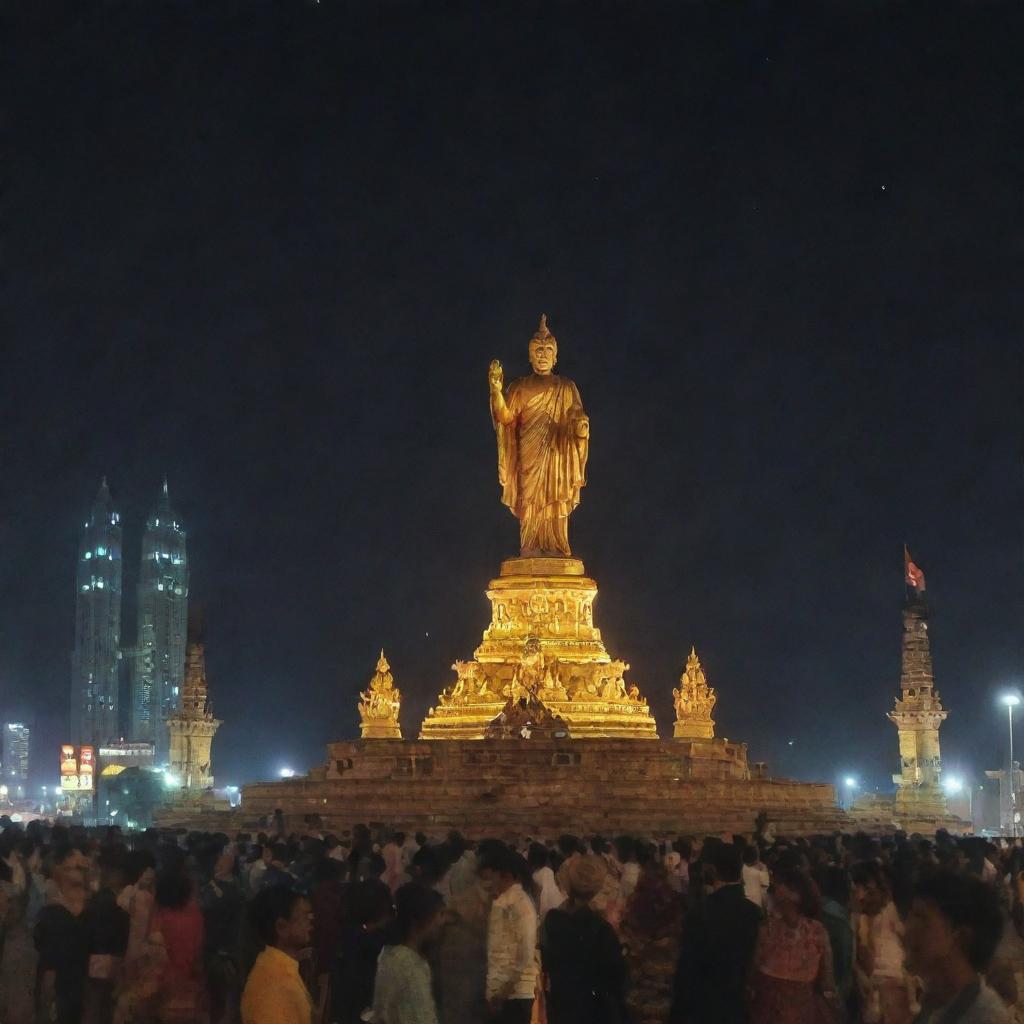 Despite the exile's departure, the city folk continue to worship the grand statue, simplistic in their faith, the city lights showcasing their fervor in the still night