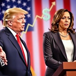 A visually engaging political debate scene between Donald Trump and Kamala Harris