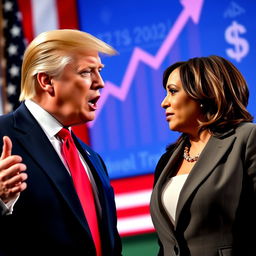 A visually engaging political debate scene between Donald Trump and Kamala Harris