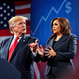 A visually engaging political debate scene between Donald Trump and Kamala Harris