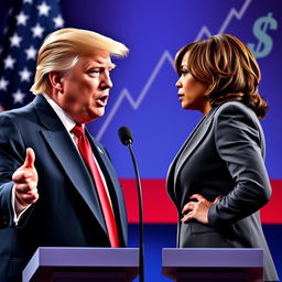 A visually engaging political debate scene between Donald Trump and Kamala Harris