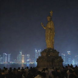 Despite the exile's departure, the city folk continue to worship the grand statue, simplistic in their faith, the city lights showcasing their fervor in the still night