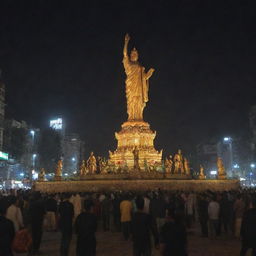 Despite the exile's departure, the city folk continue to worship the grand statue, simplistic in their faith, the city lights showcasing their fervor in the still night