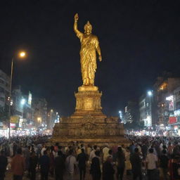 Despite the exile's departure, the city folk continue to worship the grand statue, simplistic in their faith, the city lights showcasing their fervor in the still night