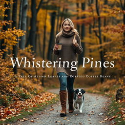An elegant blonde woman in her late twenties walking along a path in an autumn forest, wearing stylish brown suede leather Chanel boots and a cozy knitted sweater