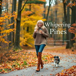 An elegant blonde woman in her late twenties walking along a path in an autumn forest, wearing stylish brown suede leather Chanel boots and a cozy knitted sweater