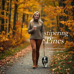 An elegant blonde woman in her late twenties walking along a path in an autumn forest, wearing stylish brown suede leather Chanel boots and a cozy knitted sweater