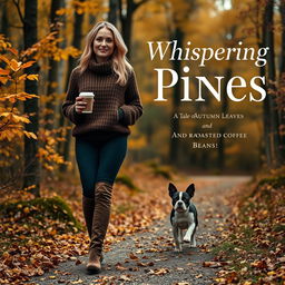 An elegant blonde woman in her late twenties walking along a path in an autumn forest, wearing stylish brown suede leather Chanel boots and a cozy knitted sweater