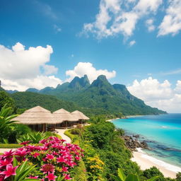 A stunning visual of a mountain holiday resort featuring traditional nipa huts, nestled in the mountains by the sea in the Philippines