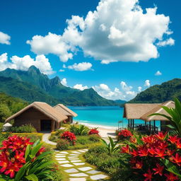 A stunning visual of a mountain holiday resort featuring traditional nipa huts, nestled in the mountains by the sea in the Philippines