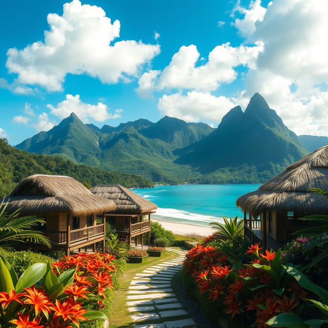 A stunning visual of a mountain holiday resort featuring traditional nipa huts, nestled in the mountains by the sea in the Philippines