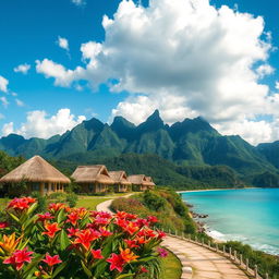 A stunning visual of a mountain holiday resort featuring traditional nipa huts, nestled in the mountains by the sea in the Philippines