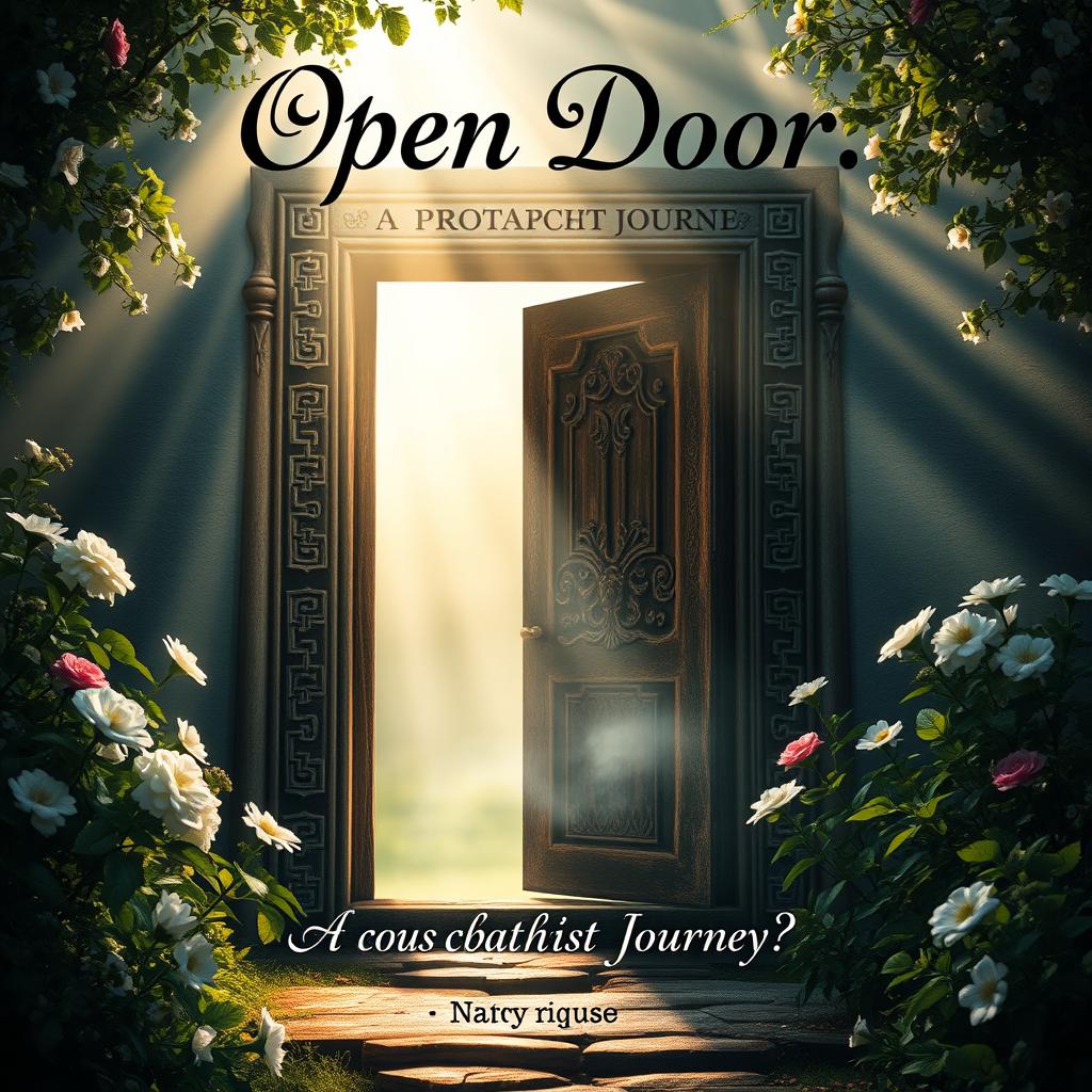 A captivating book cover design featuring an open door that leads into a mysterious and enchanting space filled with soft light and shadows