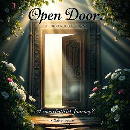 A captivating book cover design featuring an open door that leads into a mysterious and enchanting space filled with soft light and shadows